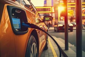 schließen oben Foto von ein elektrisch Auto Laden beim ein Gas Bahnhof. generativ ai