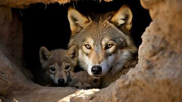 ein herzerwärmend Szene von Wolf Welpe Pflege im das Höhle, ai generativ foto