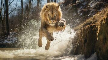 Sprung von Majestät Löwe hochfliegend Über ein Strom, ai generativ foto