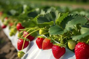 Busch von reif organisch Erdbeeren im das Garten. Beere Nahaufnahme. generativ ai foto