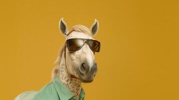 generativ ai, cool Pferde- Stimmung ein Pferd Sport stilvoll Sonnenbrille auf ein Pastell- Hintergrund foto