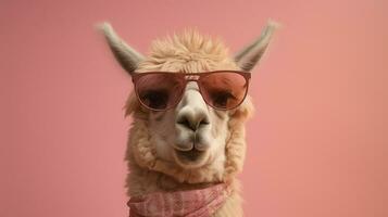 generativ ai, alpacadorable ein stilvoll Alpaka Sport Sonnenbrille foto