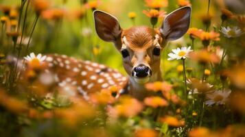 verzaubert Begegnung Kitz unter Blüten foto