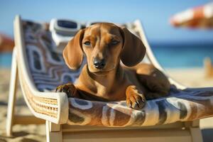 Hund Hündchen tragen Sonnenbrille, Lügen auf ein Sonnenbank zu Sonnenbad beim das Strand Meer auf Sommer- Urlaub, Feiertage. komisch Konzept. ai generativ foto