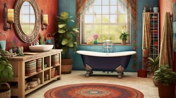generativ ai, Boho Glückseligkeit ein beschwingt und entspannend Badezimmer Design foto