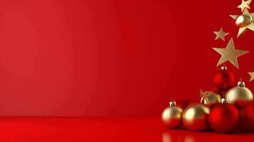 festlich Weihnachten Dekorationen. minimalistisch rot Hintergrund mit ein froh Urlaub Atmosphäre foto