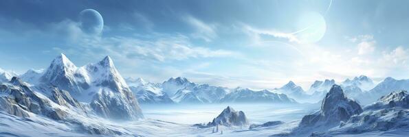 riesig verlassen Schnee Land, groß Berge im das Hintergrund, Schneefall mit Licht Blau Himmel und Licht Blau Farben, friedlich Atmosphäre, ai generativ foto