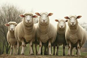 ein Gruppe von Schaf Stehen draußen. generativ ai foto