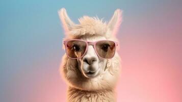 generativ ai, alpacadorable ein stilvoll Alpaka Sport Sonnenbrille foto