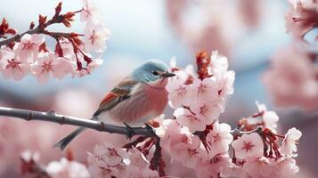 Vögel Sitzung im ein Baum gefüllt mit Kirsche blühen Blumen. generativ ai foto