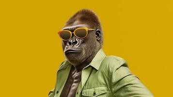 generativ ai, cool Gorilla stilvoll Sonnenbrille auf ein Pastell- Paradies foto