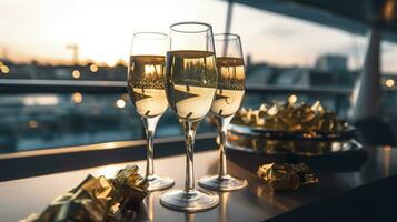 Luxus Abend Party auf ein Kreuzfahrt Yacht mit ein Champagner Einstellung. Champagner Brille und Flaschen mit Champagner mit Bokeh Yacht im das Hintergrund, niemand. ai generativ foto