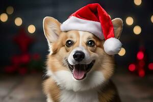 Porträt von Corgi Hund tragen Weihnachten Hut. generativ ai. foto