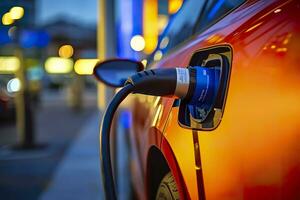 schließen oben Foto von ein elektrisch Auto Laden beim ein Gas Bahnhof. generativ ai