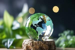 Kristall Globus Symbol zum Umgebung Sozial Führung Konzept. generativ ai foto