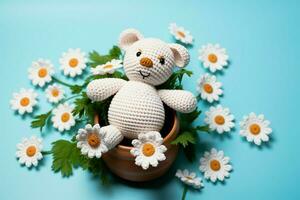 isoliert Amigurumi Teddy Bär mit Gänseblümchen auf ein Blau Baby thematisch Hintergrund ai generiert foto