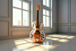 ein 3D-gerendert Digital Zeichnung Sicherungen Gitarre, Innere, und geometrisch die Architektur Elemente. ai generiert foto