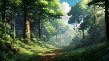ein Wald mit ein schlammig Straße Anime Stil ai generiert foto