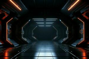 dunkel Raum, hell Zukunft modern sci fi Zimmer im 3d, ein leeren Hintergrund ai generiert foto