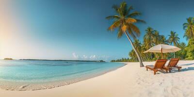 Weiß Sand und Kokosnuss Pflanze Reise Tourismus breit Panorama Hintergrund Konzept. generativ ai foto