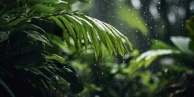 Regen Stürze im ein Regenwald mit das Regen Tropfen. generativ ai foto