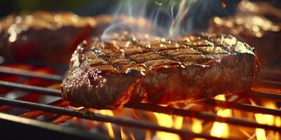 Rindfleisch Rippenstück Steak Grillen auf ein flammend Grill. generativ ai foto