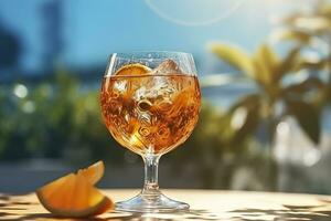 Aperol Spritz Sommer- trinken im Glas mit Schatten, tropisch Hintergrund. generativ ai foto