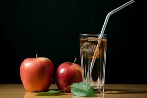 Süss Versuchung ein Apfel ruht durch ein Karton Box und Stroh gefüllt Glas ai generiert foto