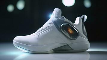 futuristisch Mode Original Turnschuhe. Zukunft Design von stilvoll Sport Schuhe mit Neon- glühen, futuristisch städtisch Ästhetik. Sportbekleidung, Stil und Mode, Morgen Schuhwerk. ai generativ foto