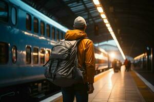 ein einsam Reisender, Rucksackreisen, Spaziergänge mit Zweck durch das Zug Bahnhof ai generiert foto