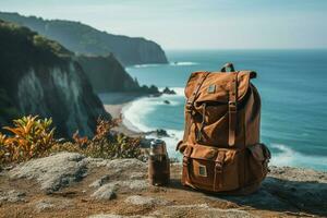 Rucksack Kaffee Thermosflasche Küsten Rahmen Erfassen ai generiert foto