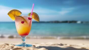 Cocktail Glas auf das sandig Strand in der Nähe von das Meer im Sommer- Zeit. generativ ai foto