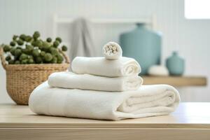das Welt am weichsten Handtücher gegen ein minimalistisch Hintergrund. gestapelt Weiß Handtücher sitzen auf oben von ein Seife Gericht im ein Badezimmer. ai generativ foto