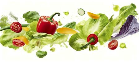 fallen Gemüse, Salat von Glocke Pfeffer, Tomate, und Grüner Salat Blätter. generativ ai foto