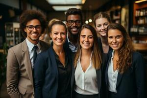 ai generativ Gruppe von glücklich Geschäft Mann und Geschäft Frauen, gekleidet im Anzüge sind lächelnd, im das Büro foto