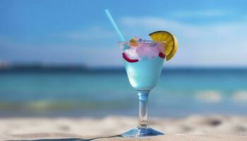 Cocktail Glas auf das sandig Strand in der Nähe von das Meer im Sommer- Zeit. generativ ai foto