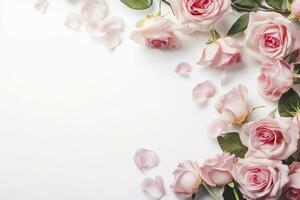 schließen oben von Blühen Rosa Rosen Blumen und Blütenblätter isoliert auf Weiß Tabelle Hintergrund. Blumen- Rahmen Komposition. dekorativ Netz Banner. leeren Raum, eben legen, oben Sicht. ai generativ foto