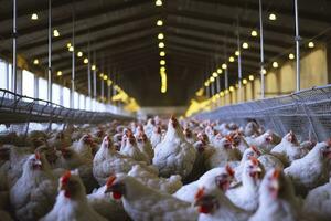 Hähnchen Bauernhof zum wachsend Broiler Hühner zu das Alter von einer und ein Hälfte Monate, ai generativ foto