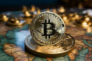 ein Welt Karte Gnaden das Bitcoin Hintergrund, symbolisieren es ist global beeinflussen ai generiert foto