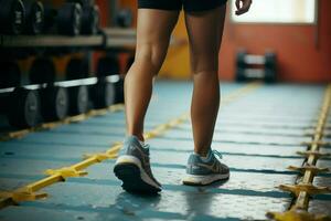 ein Fitness Szene mit Hanteln, ein Frauen Fuß, und ein Fitnessstudio Atmosphäre ai generiert foto