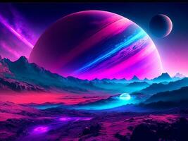 Planet im Raum Neon- Farben. generativ ai foto