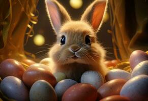 ai generativ Foto glücklich Hase mit viele Ostern Eier auf Gras festlich Hintergrund zum dekorativ Design