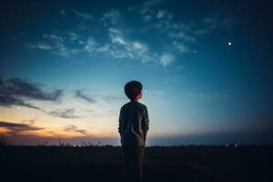 ein Kind Blick beim das Horizont isoliert auf ein Dämmerung Gradient Hintergrund foto