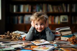 Kinder Gesicht schwankt zwischen Verwechslung und Erleuchtung während studieren lehrreich Rätsel foto