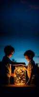 ein Kind Erfassen ein Glühwürmchen im ein Krug isoliert auf ein Dämmerung Gradient Hintergrund foto