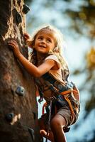 entschlossen Kind Skalierung ein Klettern Mauer präsentieren Stärke und Elastizität foto