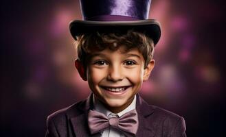 ein Kinder breit Augen Überraschung beim ein Magie Trick isoliert auf ein lila Gradient Hintergrund foto