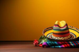 cinco de Mayo thematisch mit ein Mexikaner Sombrero auf ein bunt Serape Decke gegen ein Gelb Hintergrund foto