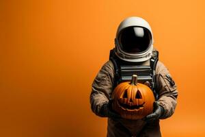 Astronaut mit ein Halloween Kürbis auf ein solide Hintergrund mit leeren Raum zum Text foto