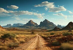 ai generativ Foto Straße klar Himmel Wüste Berge Landschaft realistisch Bild, Ultra hd, hoch Design sehr detailliert